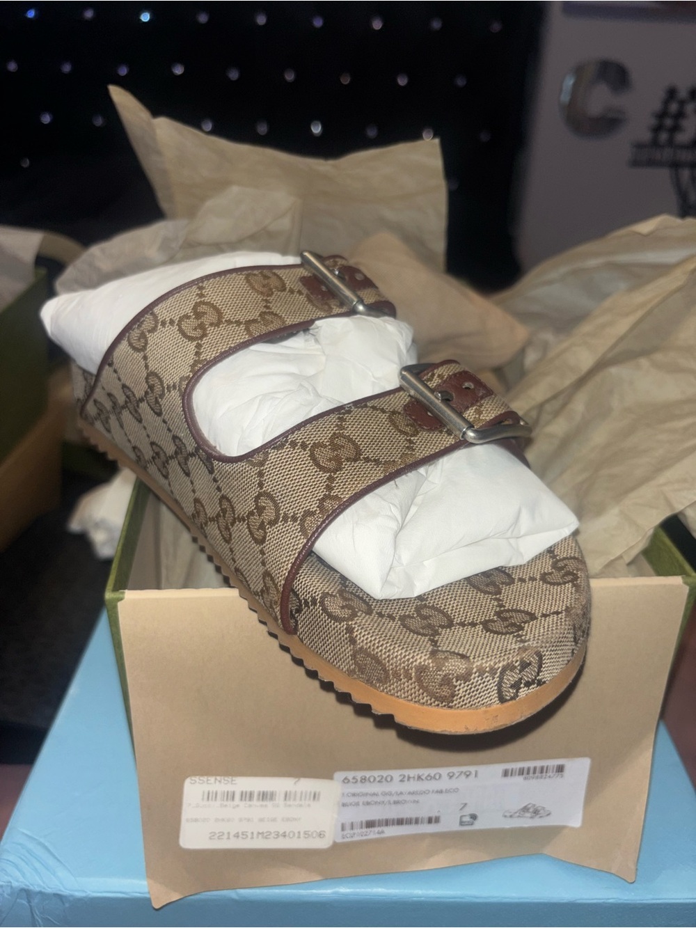 Gucci Beige/Brown GG Canvas Double Buckle Slide